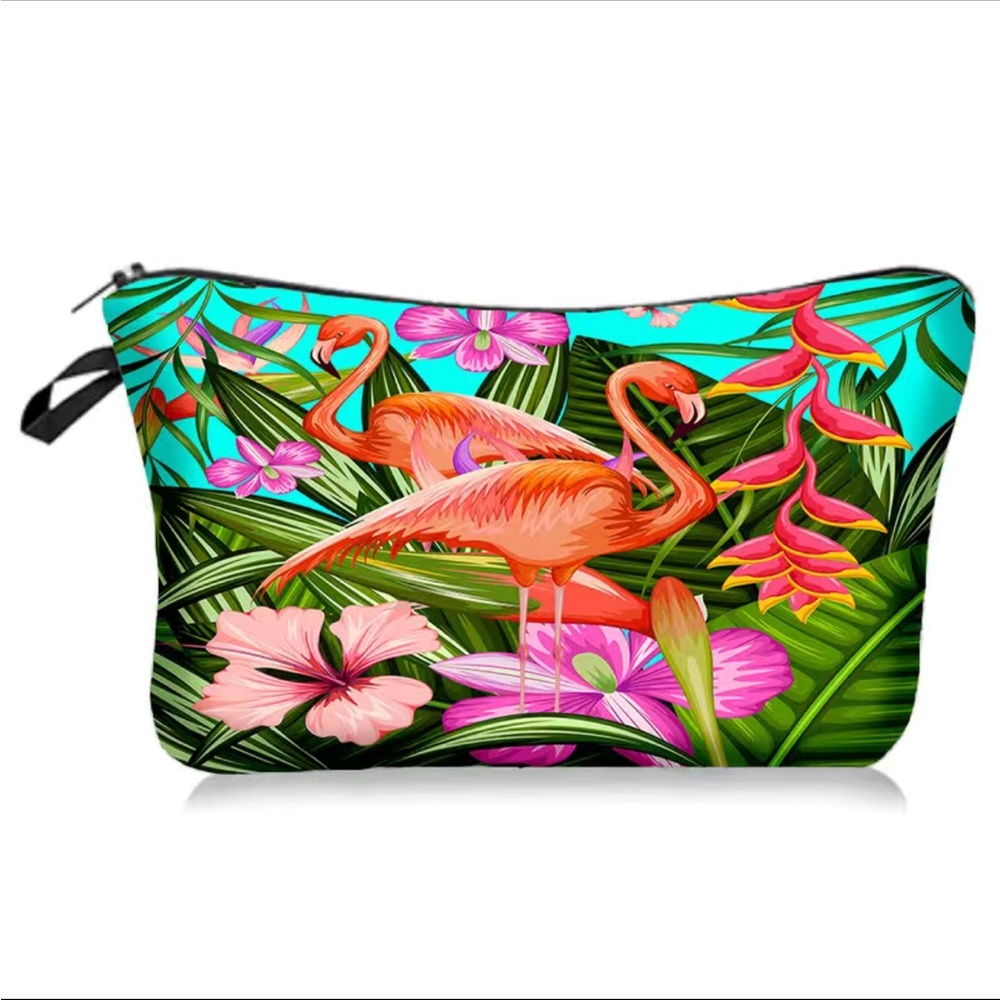Tropical Print Flamingo Zip Cosmetic Bag
